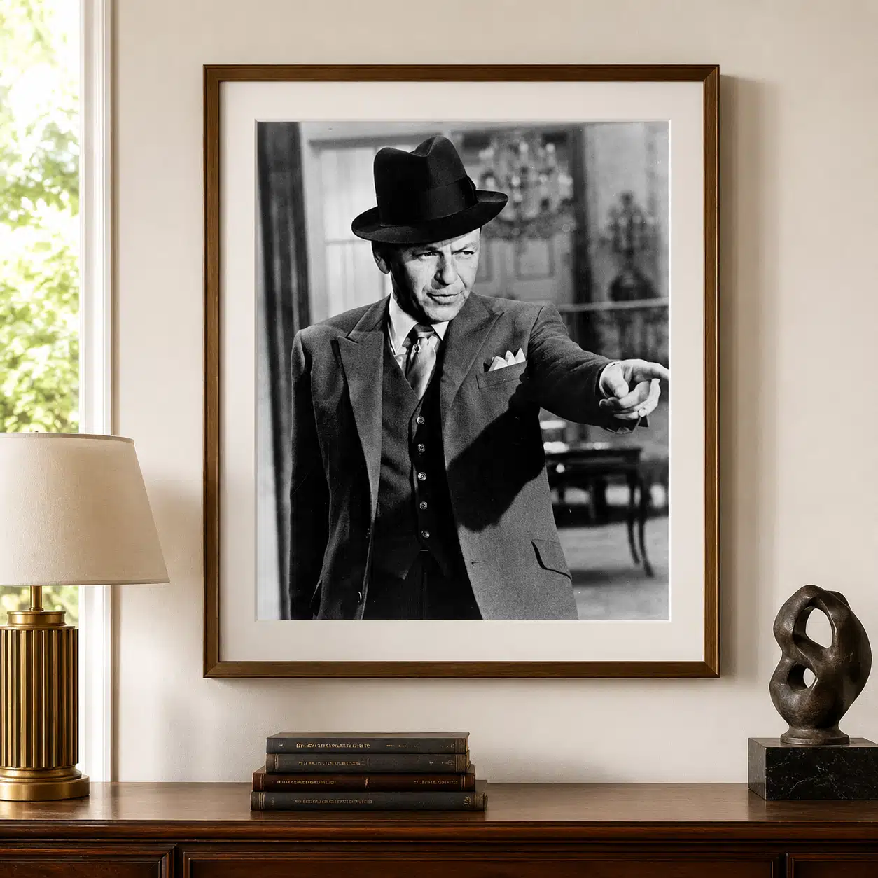 Frank Sinatra black and white poster showing the sharp hand gesture.