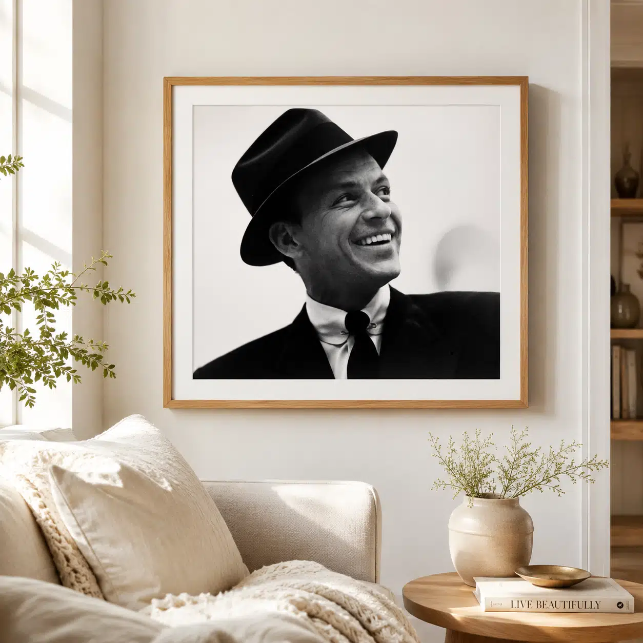 Frank Sinatra black and white poster showing the open smile.