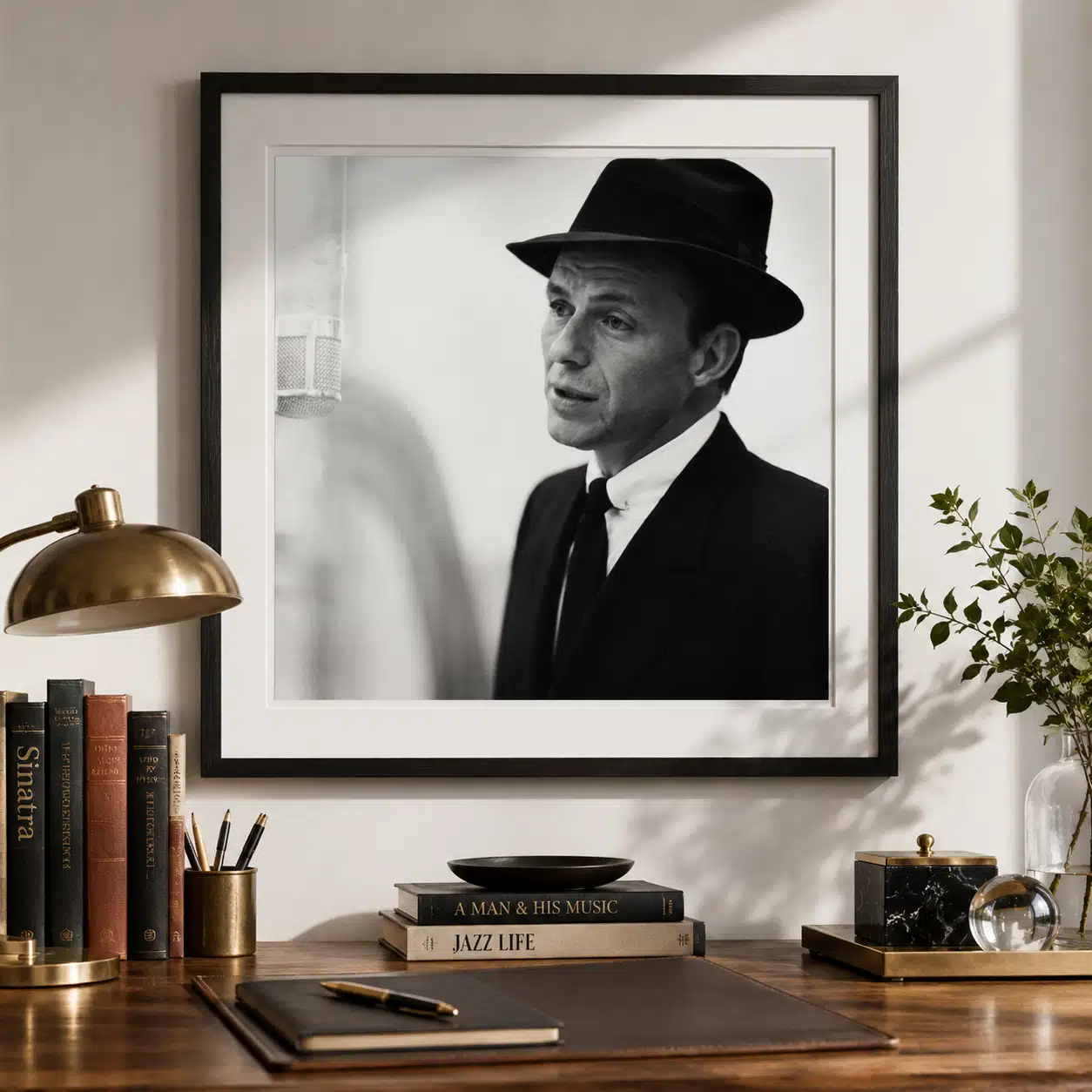 Frank Sinatra black and white poster showing the microphone.
