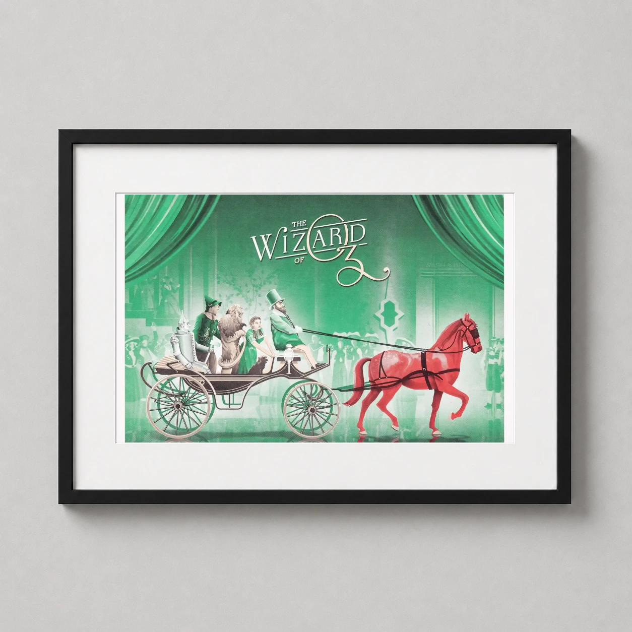 Wizard of Oz Emerald Carriage — vibrant emerald green and red art print featuring Dorothy and her
