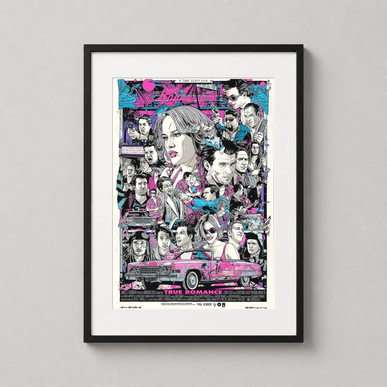 Room mockup of True Romance Tyler Stout Mondo Style Movie Poster, displayed as framed wall art in a home theater setting as a portrait print with blue, pink, and black tones.