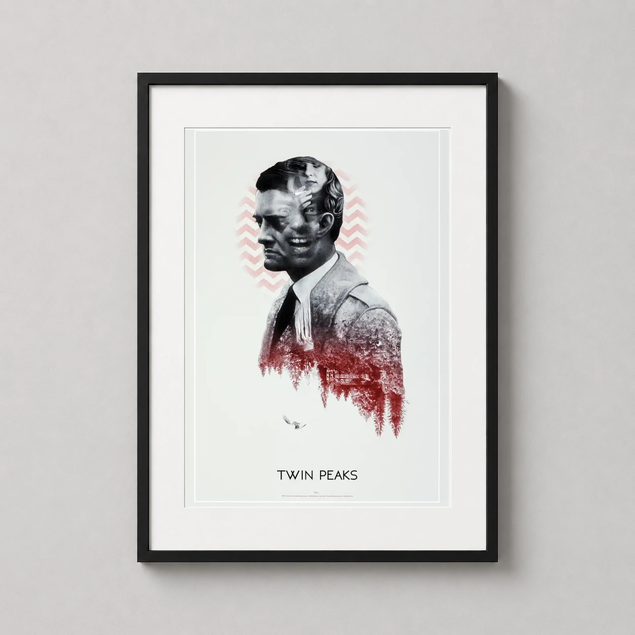 Twin Peaks Agent Cooper Lodge — surreal black and white portrait of Agent Dale Cooper featuring red