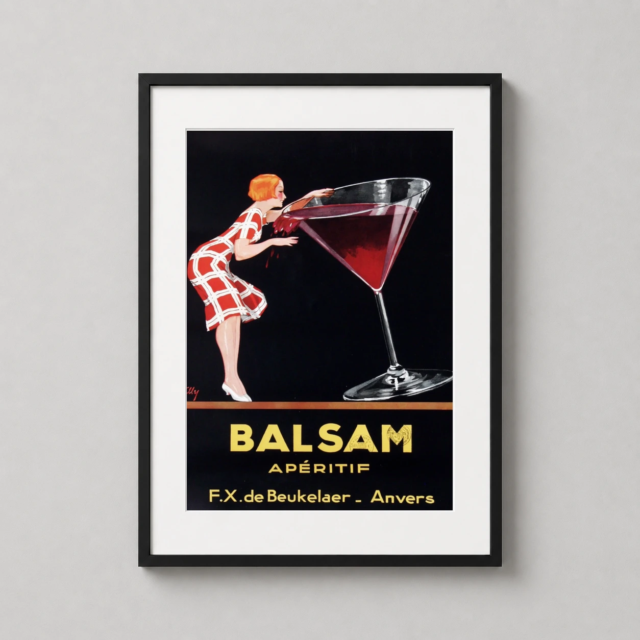 Balsam Aperitif Deco Advertising — featuring a flapper in a checkered dress reaching into an oversized