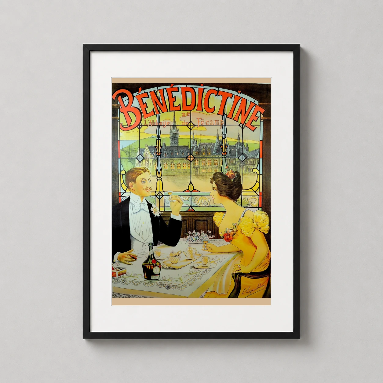 Benedictine Liqueur Nouveau Advertising — refined 1900s French advertisement featuring a couple dining in front
