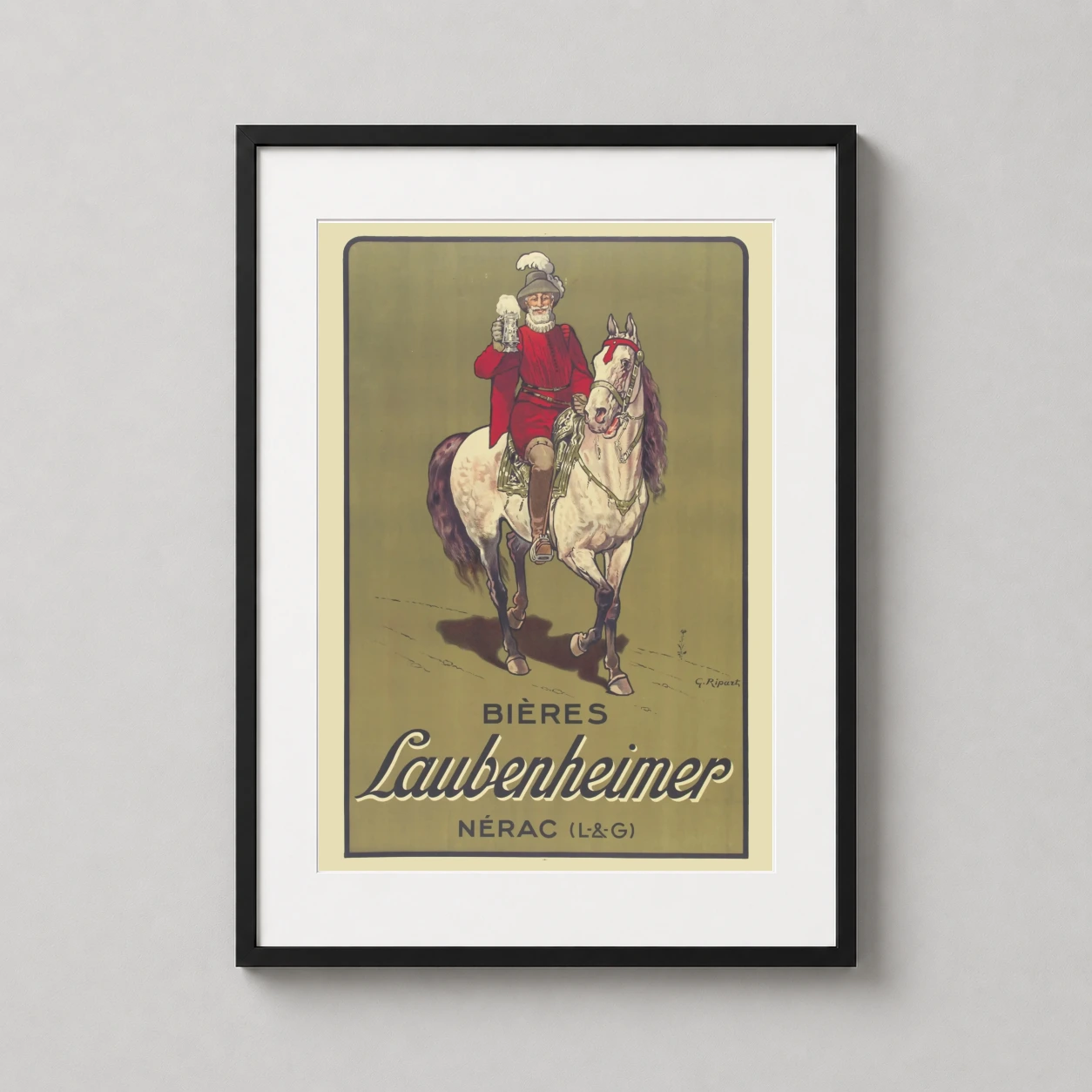 Bieres Laubenheimer Beer Advertising — vintage French beer advertisement featuring a bearded cavalier in a red
