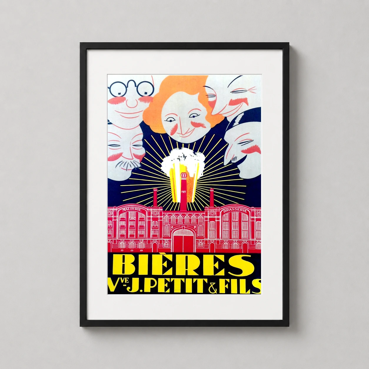 Bieres Vve Petit Fils Advertising — playful 1921 French advertising illustration featuring caricature faces