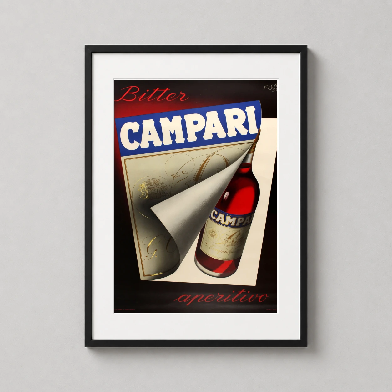 Campari Bitter Aperitivo — 1957 Italian advertising graphic featuring a bold red Campari bottle