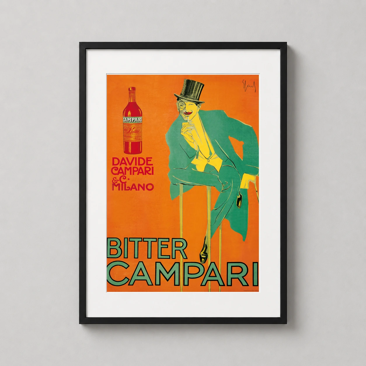 Bitter Campari Man Top Advertising — vibrant orange vintage Italian advertisement featuring a winking man in
