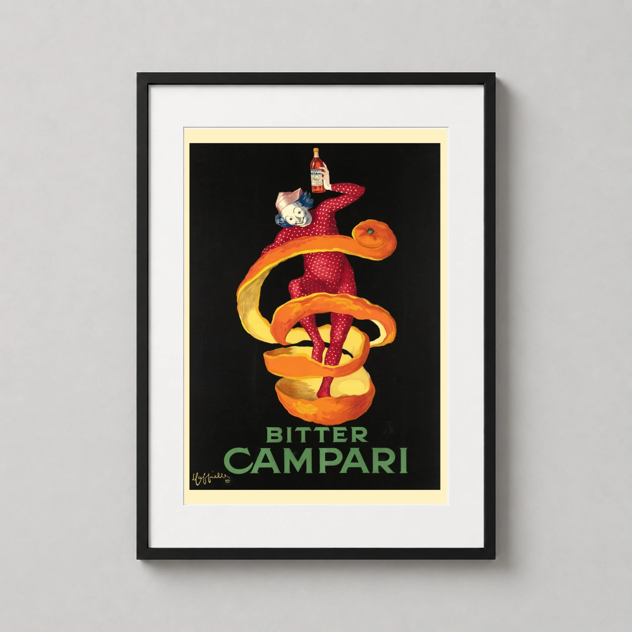 Marcello Nizzoli Bitter Campari — playful red clown wrapped in a spiraling orange peel holds a bottle of