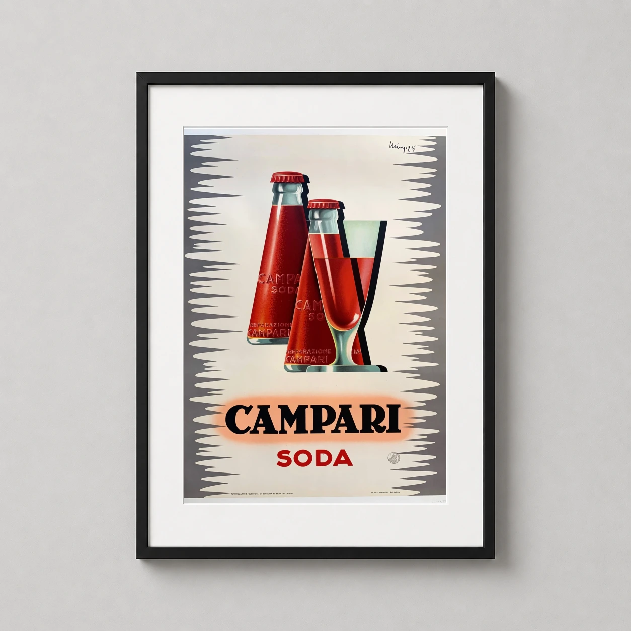 Campari Soda Mingozzi Advertising — retro Italian aperitif poster featuring two vibrant red Campari Soda