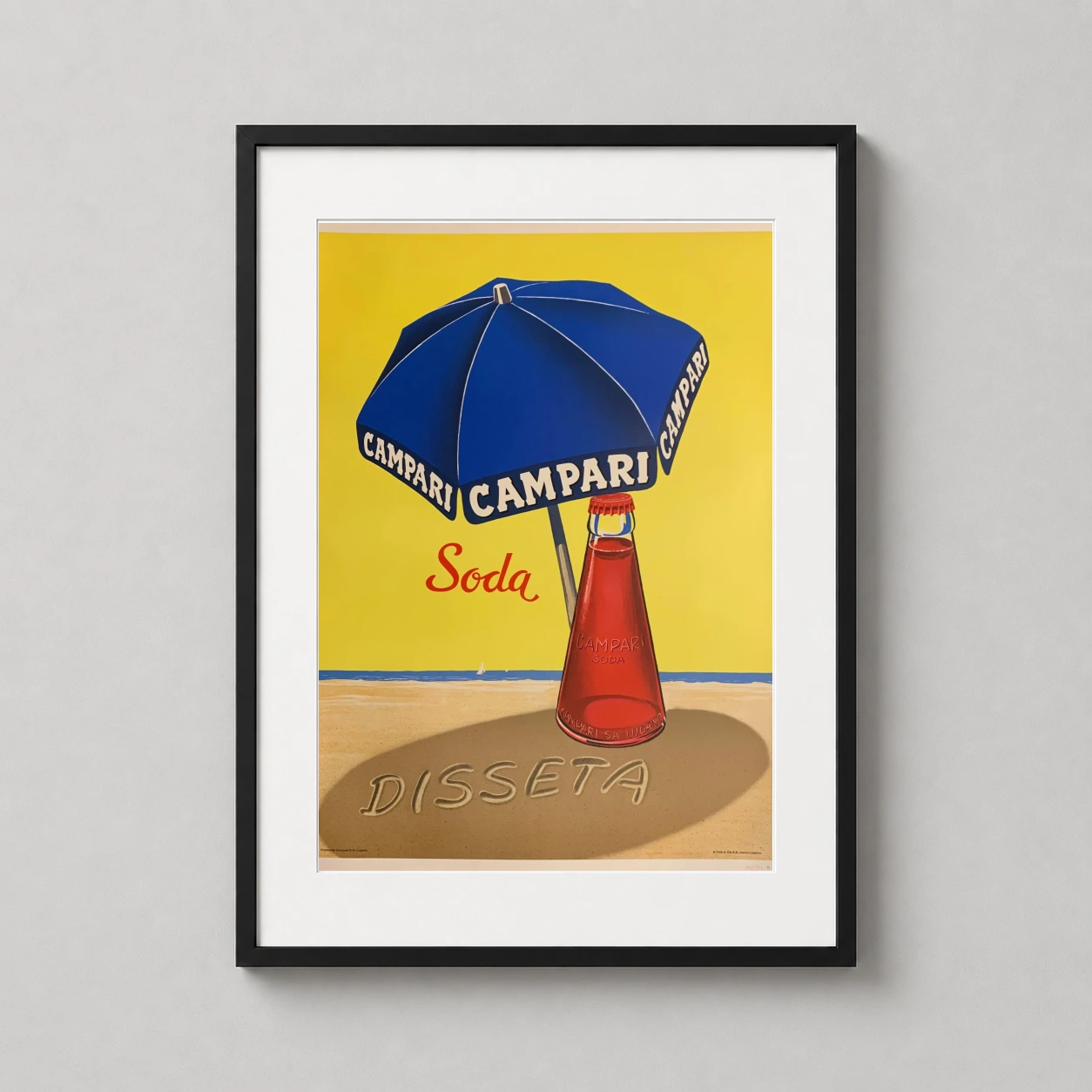 Campari Soda Dissenta Summer Advertising — retro Italian advertising art featuring a red Campari Soda bottle under