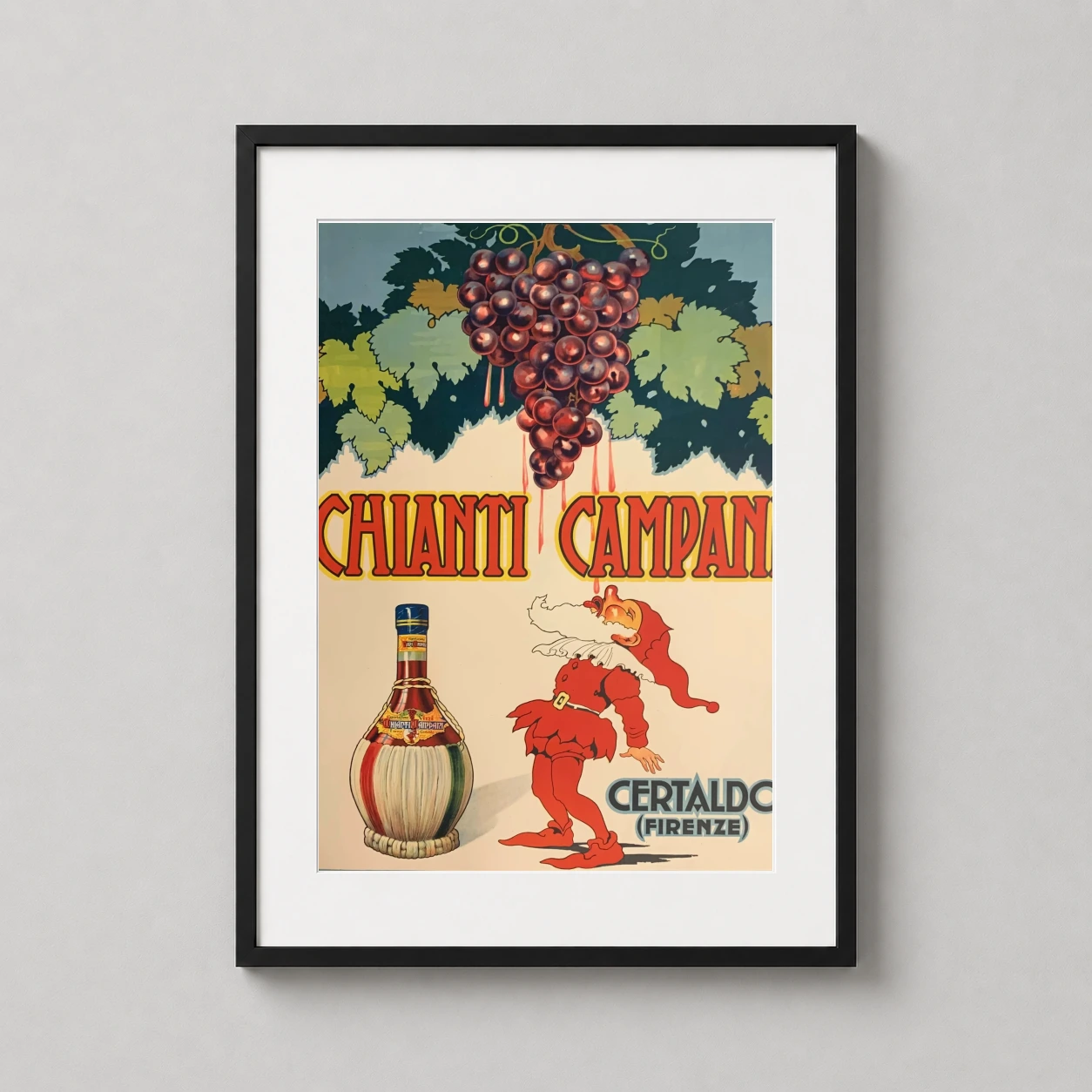 Chianti Campani Wine Advertising — italian Art Deco advertising print featuring a bunch of grapes, a