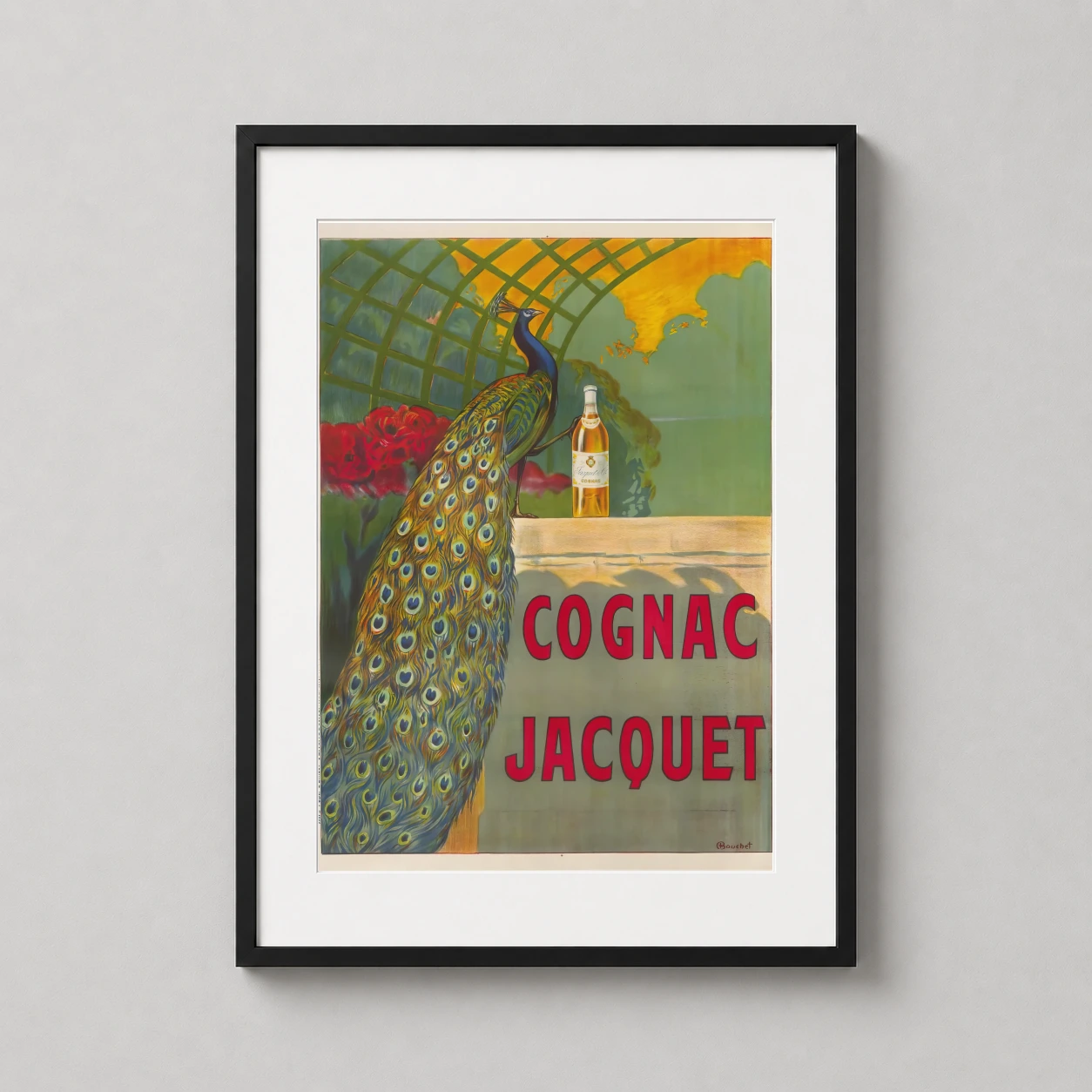 Cognac Jacquet Peacock Nouveau Advertising — vibrant Art Nouveau advertisement featuring a majestic peacock with