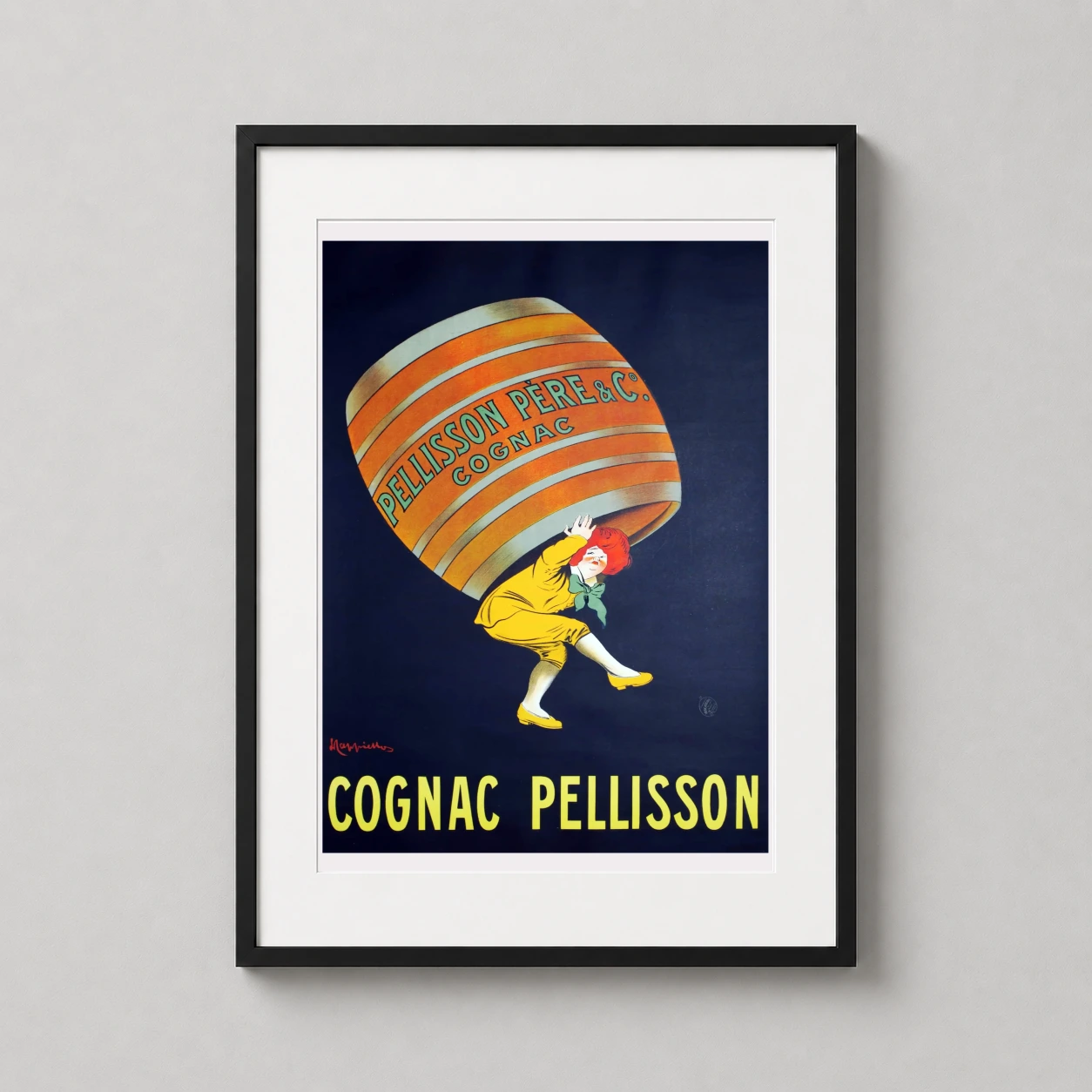 Cognac Pellisson Pere Advertising — whimsical yellow figure balances a giant orange cognac barrel on its
