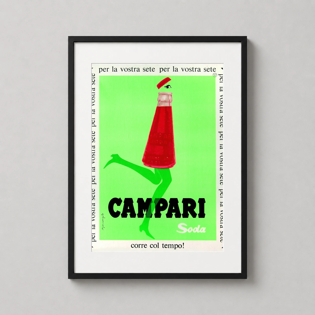 Campari Soda Corre Col — vibrant red Campari Soda bottle with playful green legs and a red cap