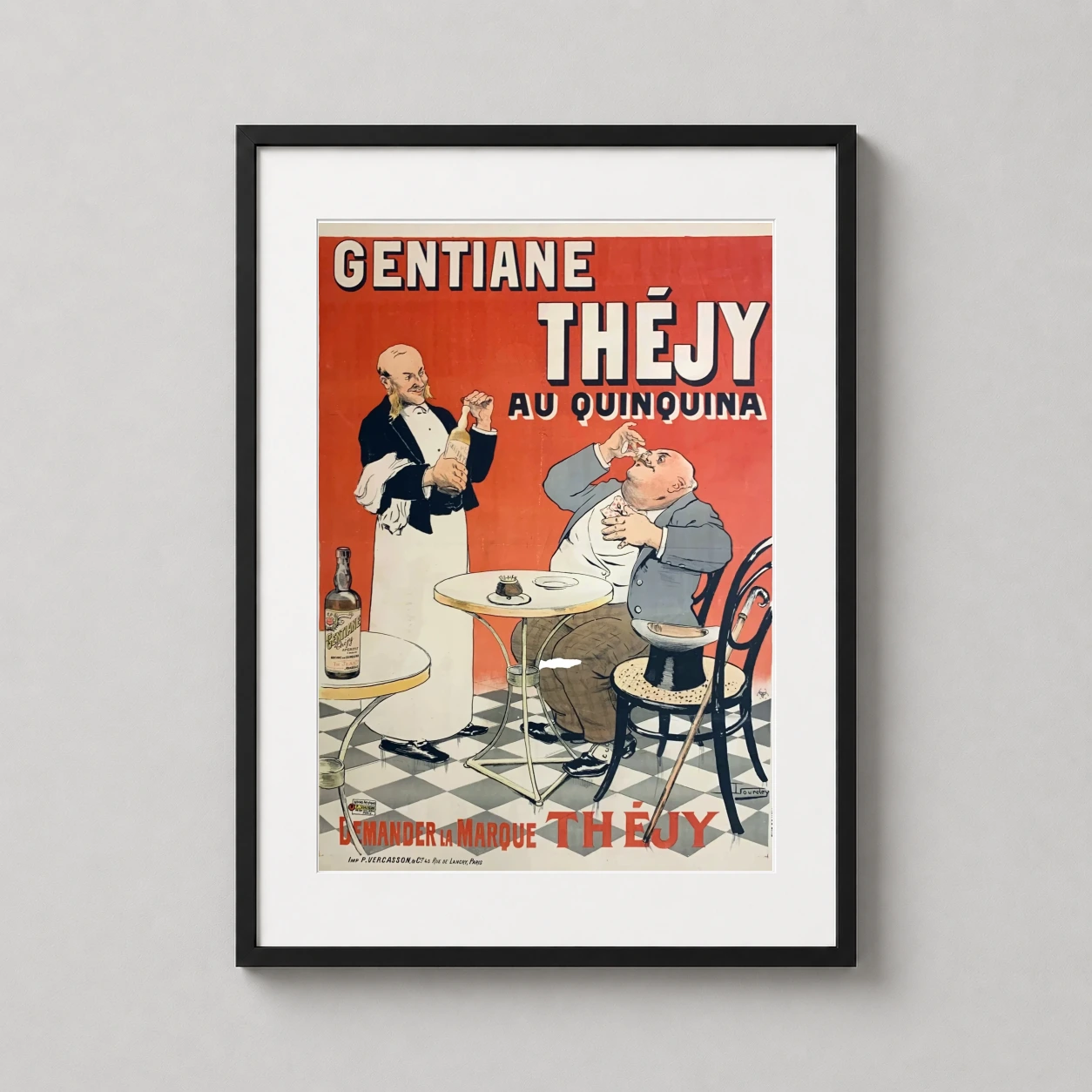 Gentiane Thejy Au Quinquina Advertising — vibrant red French advertising poster featuring a waiter and a