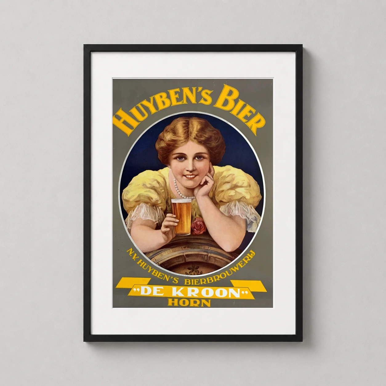 Huybens Bier Kroon Horn Advertising — classic Dutch beer advertisement featuring a woman in yellow holding a