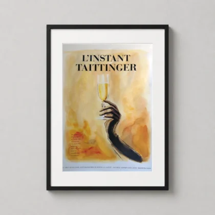 L'instant Taittinger Champagne Vintage — sophisticated French advertising print featuring a gloved hand holding