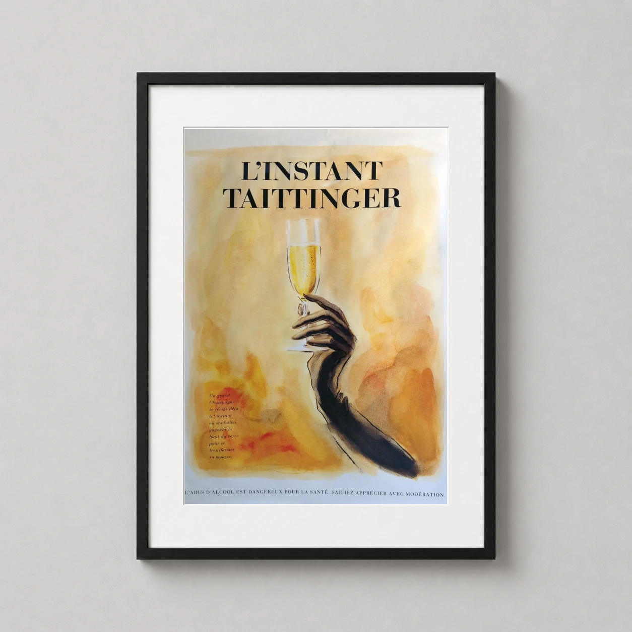 L'instant Taittinger Champagne Vintage — sophisticated French advertising print featuring a gloved hand holding