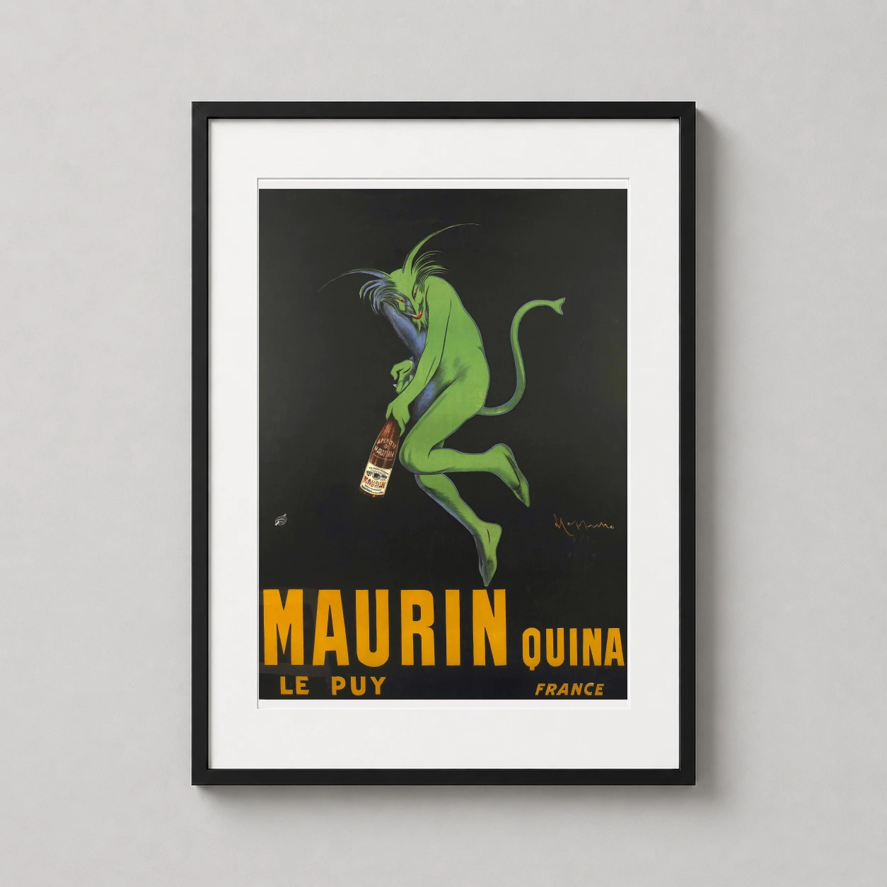 Maurin Quina Puy France — vibrant green devil figure uncorks a bottle of Maurin Quina aperitif