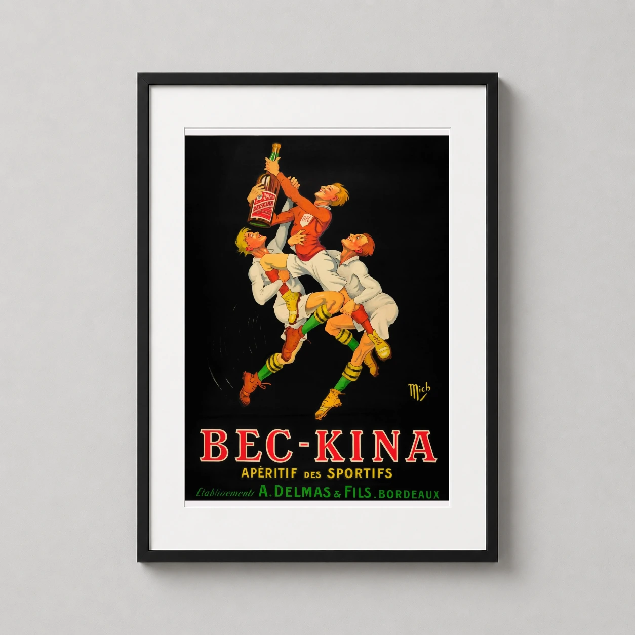Bec Kina Aperitif Sportifs — this vintage advertising print features a dynamic rugby-style scrum of