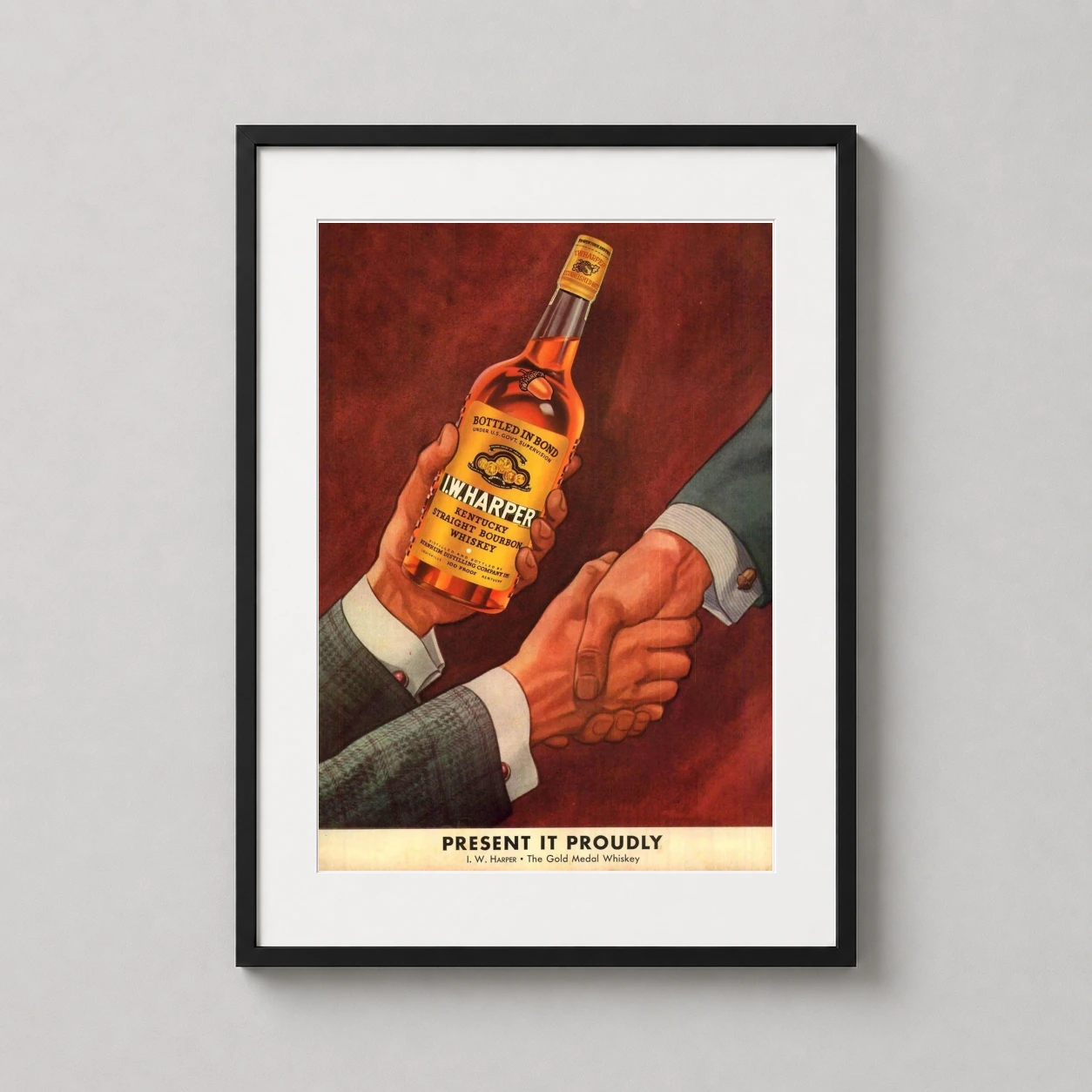 It — this vintage advertising illustration features a handshake and a bottle