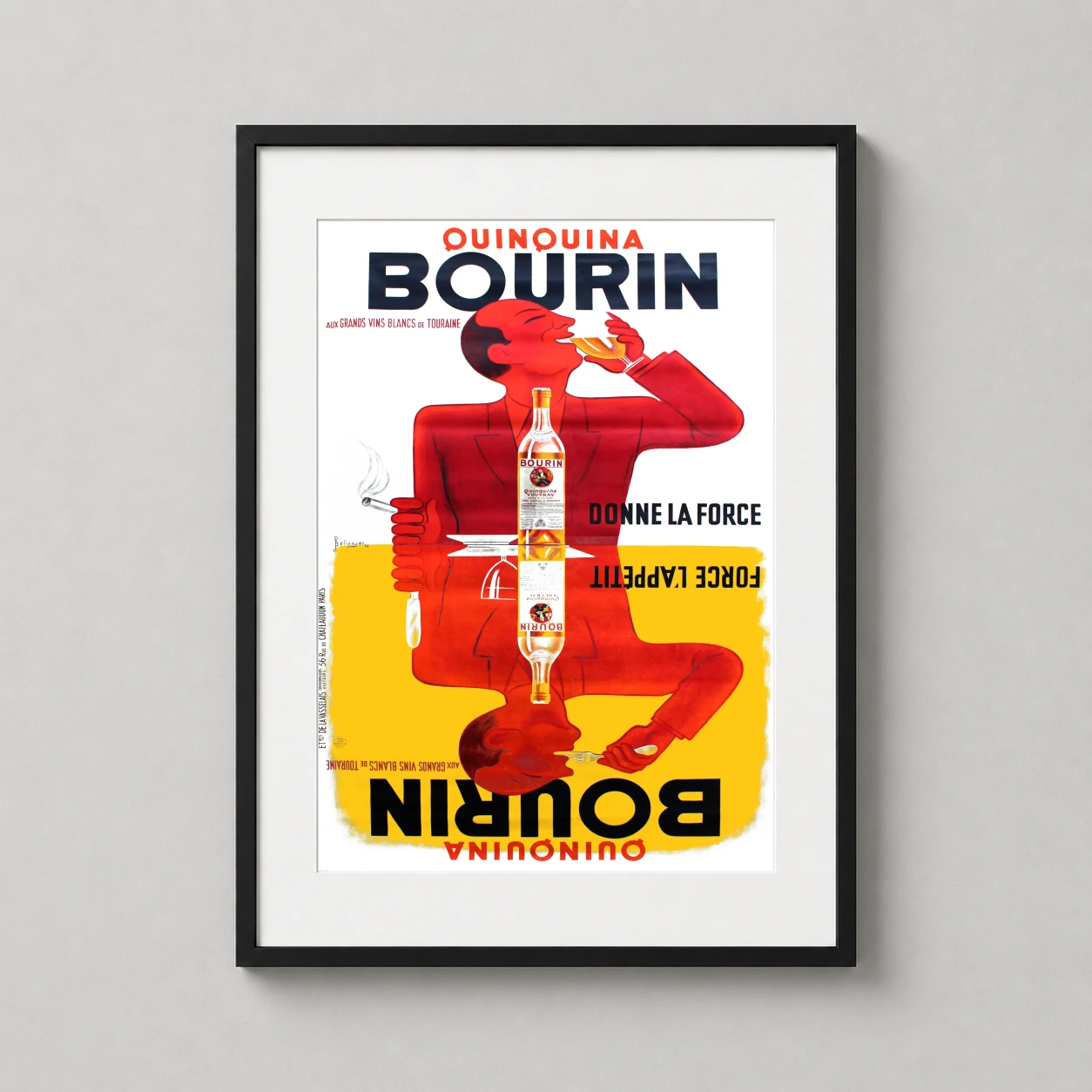 Quinquina Bourin Aperitif Deco Advertising — striking 1936 French advertising print featuring a mirrored red