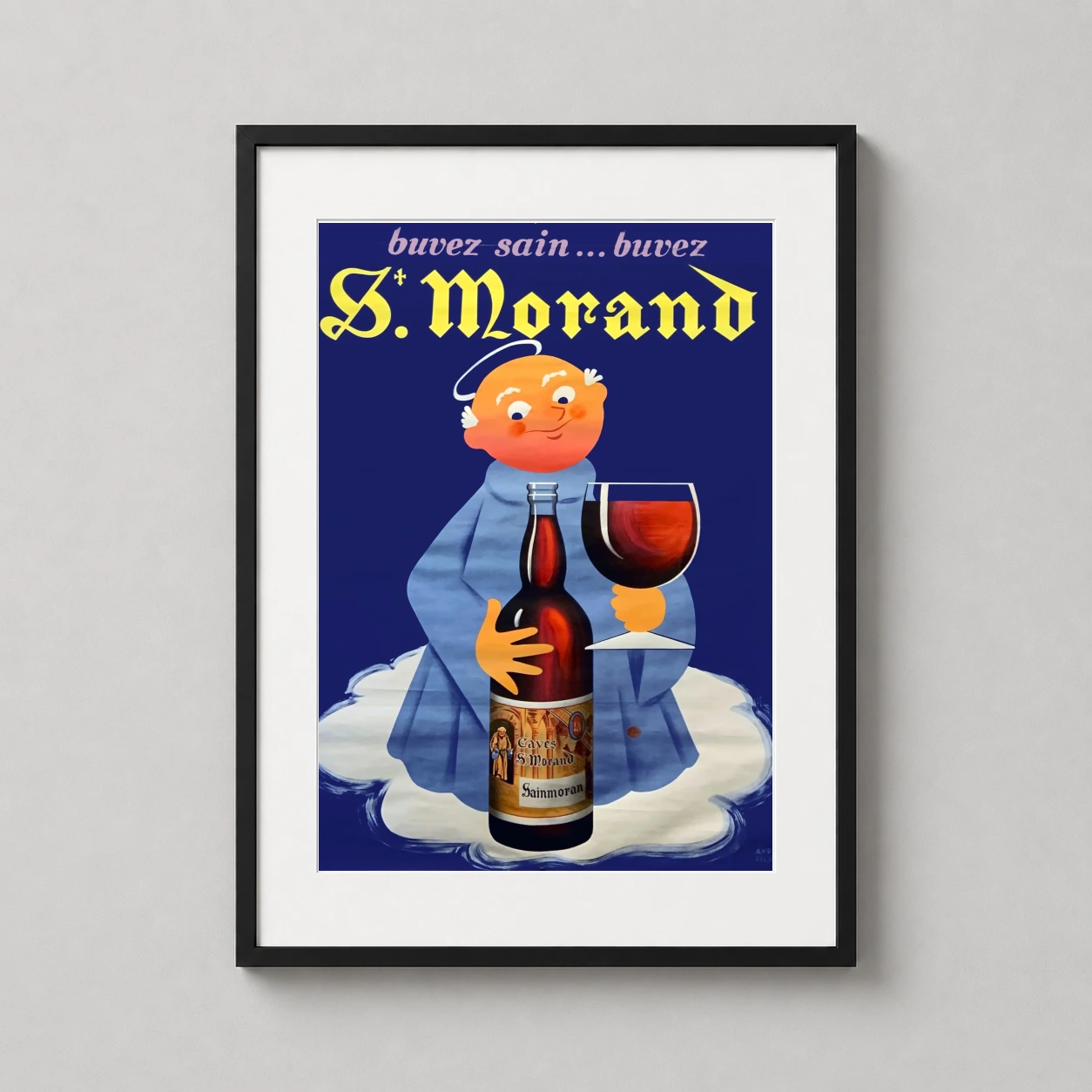 St Morand Wine Advertising — whimsical mid-century French advertisement featuring a monk holding a