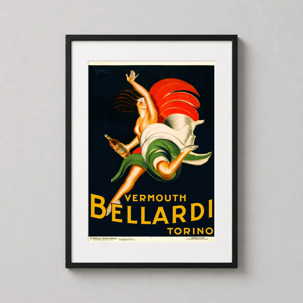 Vermouth Bellardi Torino 1927 — dynamic 1927 Leonetto Cappiello illustration featuring a woman in a