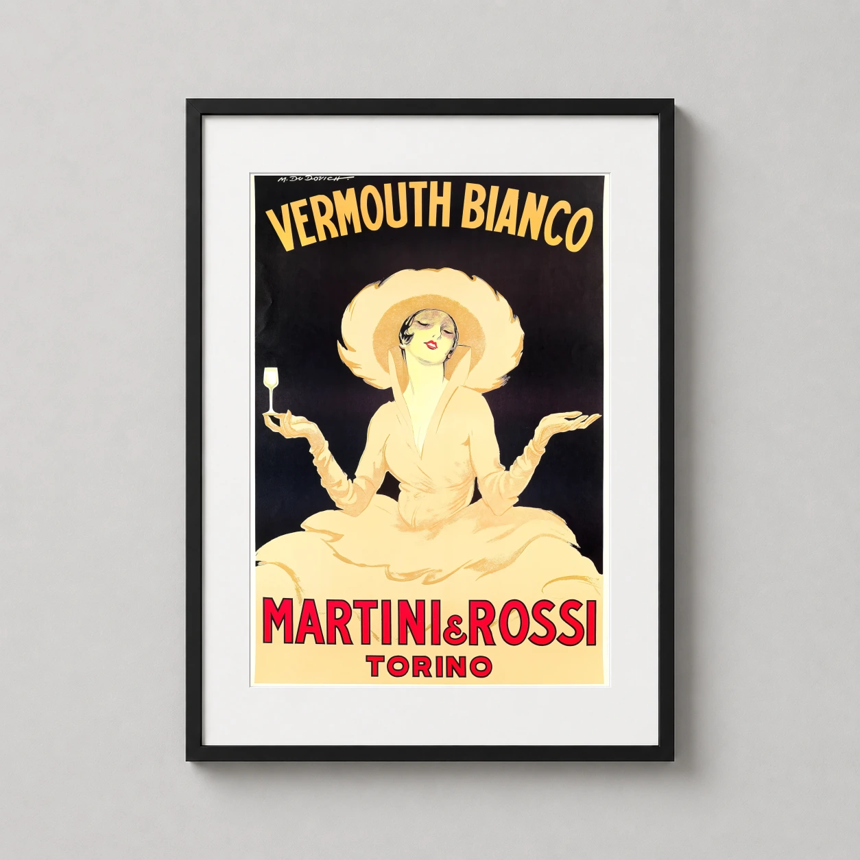 Martini Rossi Vermouth Bianco Advertising — elegant woman in a wide-brimmed hat holds a cocktail glass in this