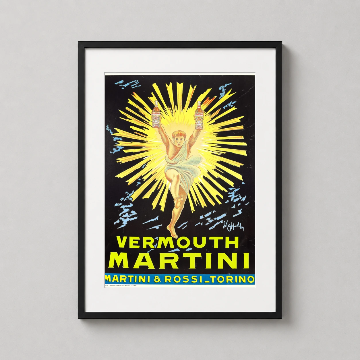 Martini Rossi Vermouth Torino — classical figure dances before a radiant yellow sunburst holding two