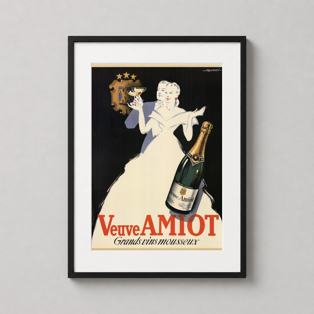 Veuve Amiot Champagne Deco Advertising — sophisticated Art Deco illustration featuring a couple in formal attire