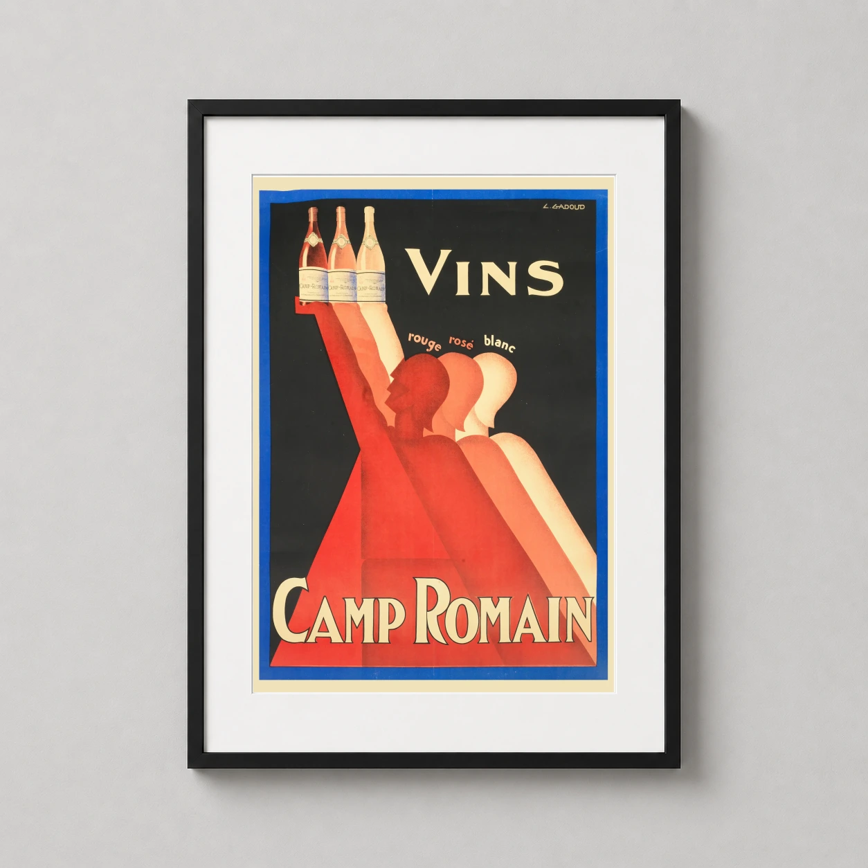 Vins Camp Romain Wine Advertising — three stylized figures in red, pink, and white silhouettes hold aloft