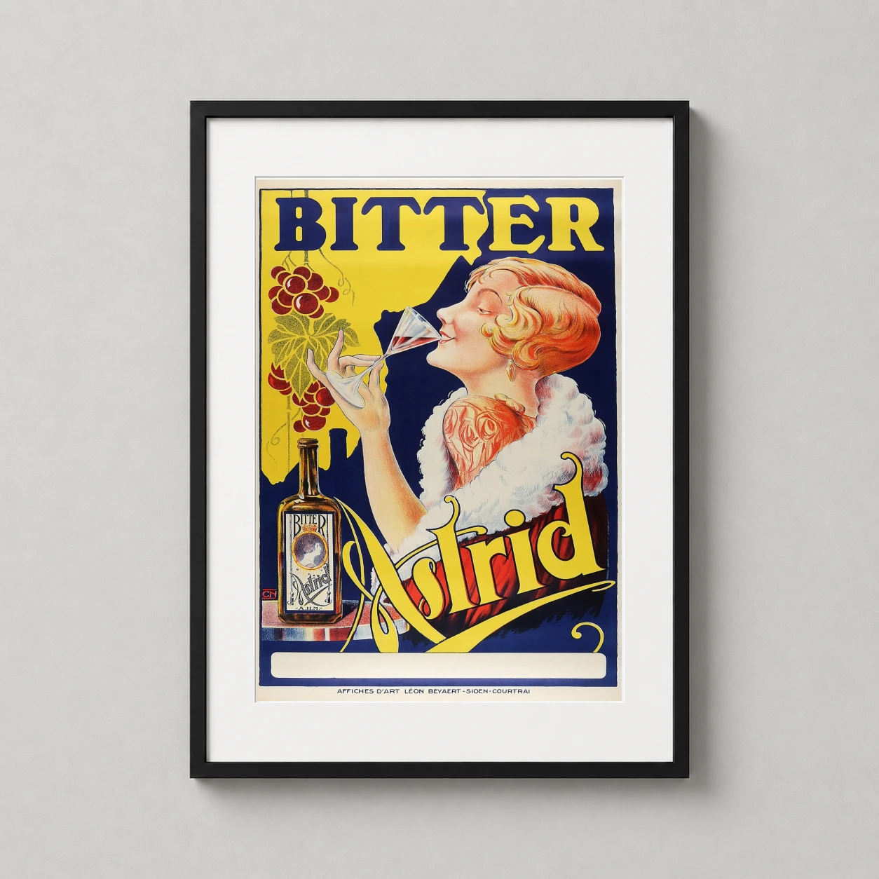 Bitter Astrid Liquor Deco — sophisticated 1920s Belgian advertising illustration featuring a woman