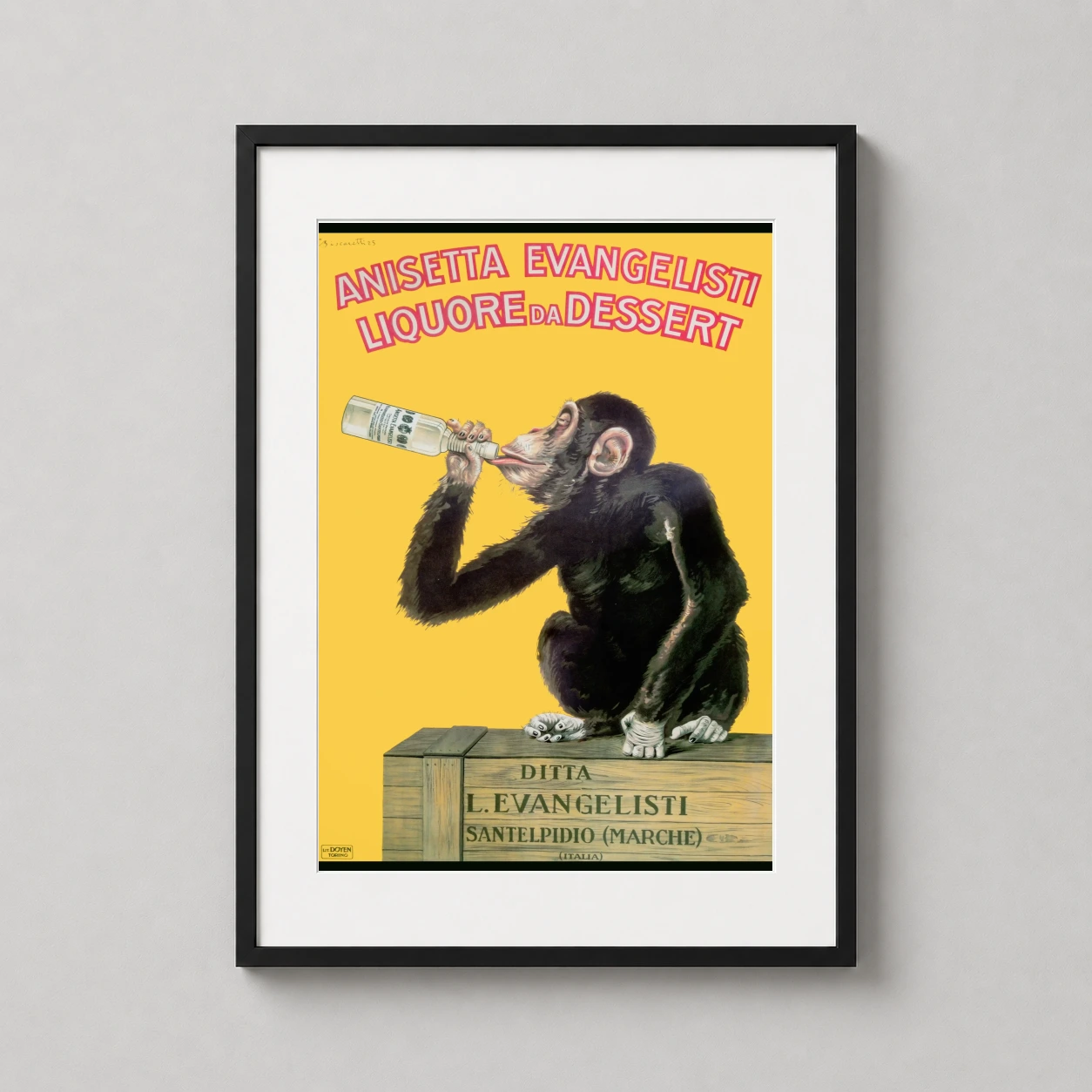 Anisetta Evangelisti Liqueur Advertising — playful 1925 Italian advertisement featuring a chimpanzee drinking