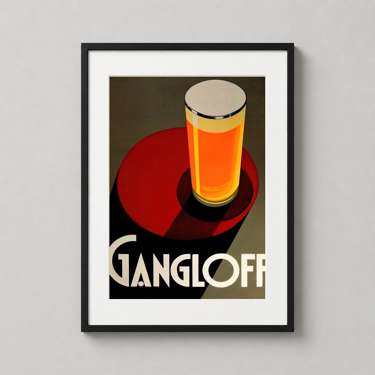 Gangloff Beer Deco Advertising — golden glass of beer sits atop a vibrant red circular table with bold