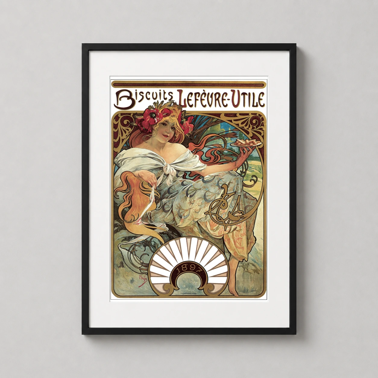 Alphonse Mucha Biscuits Lefèvre-utile — stunning 1897 Alphonse Mucha advertisement featuring a woman with red