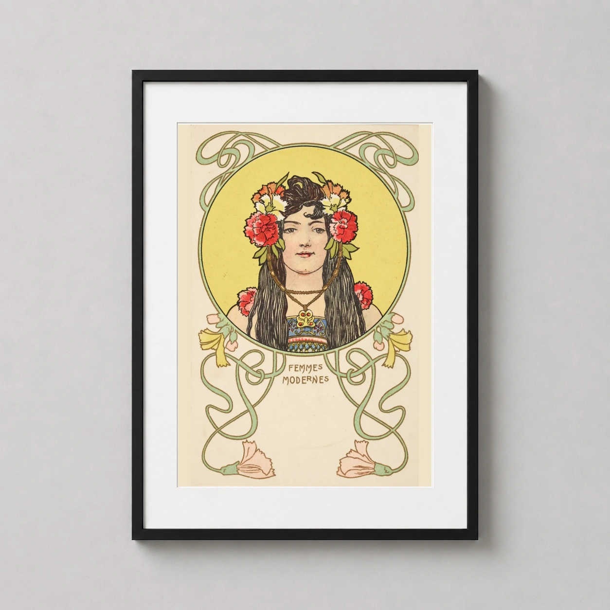 Femmes Modernes Nouveau — elegant Art Nouveau illustration featuring a woman crowned with red