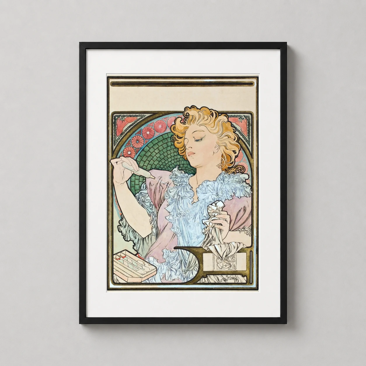 Alphonse Mucha Lance Parfum — alphonse Mucha’s 1896 advertisement features an elegant woman applying