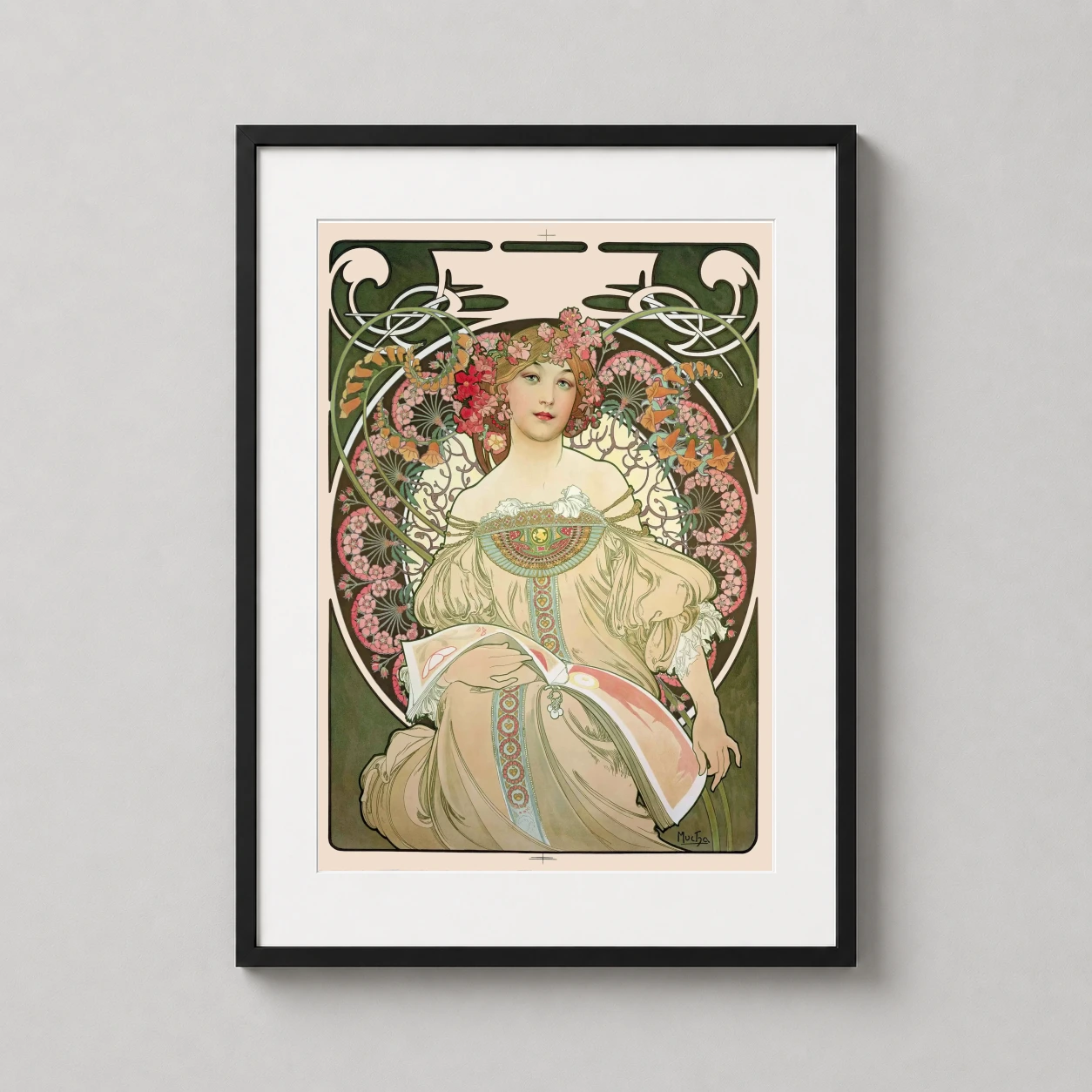 Alphonse Mucha Reverie 1897 — serene portrait of a woman with flowers in her hair, framed by