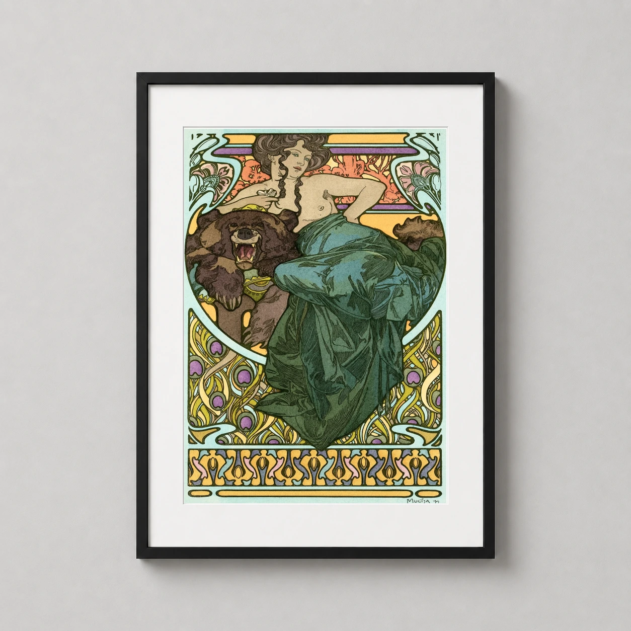 Alphonse Mucha Woman Bear — classic 1902 Alphonse Mucha illustration of a woman in green drapery