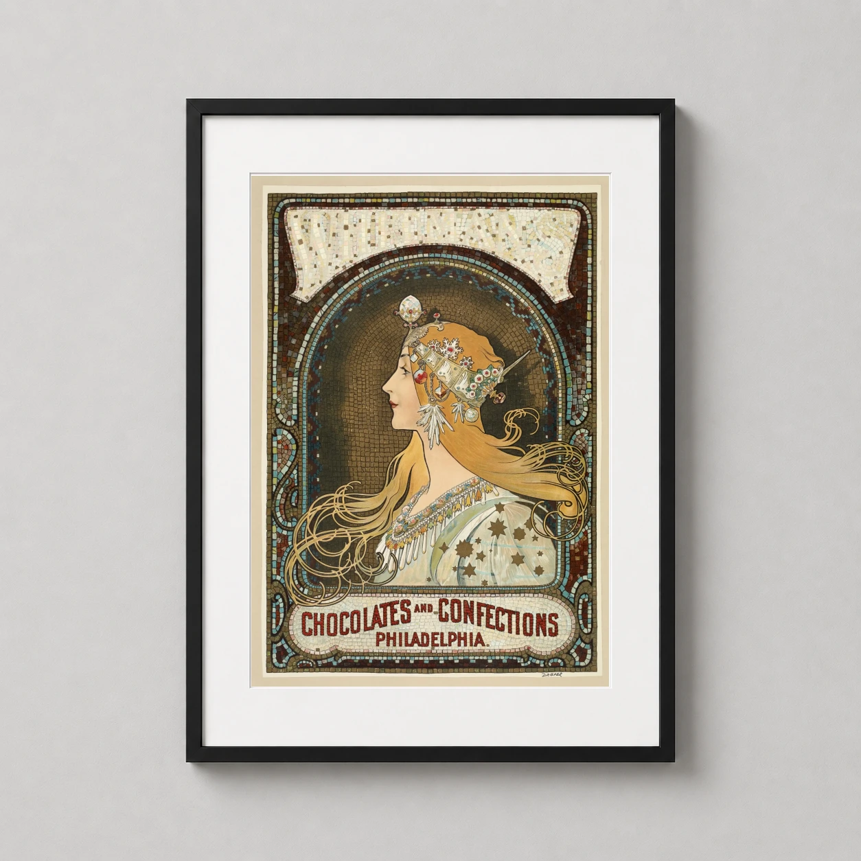 Nouveau Jeweled Woman Profile — vintage Art Nouveau advertisement featuring a woman in profile with