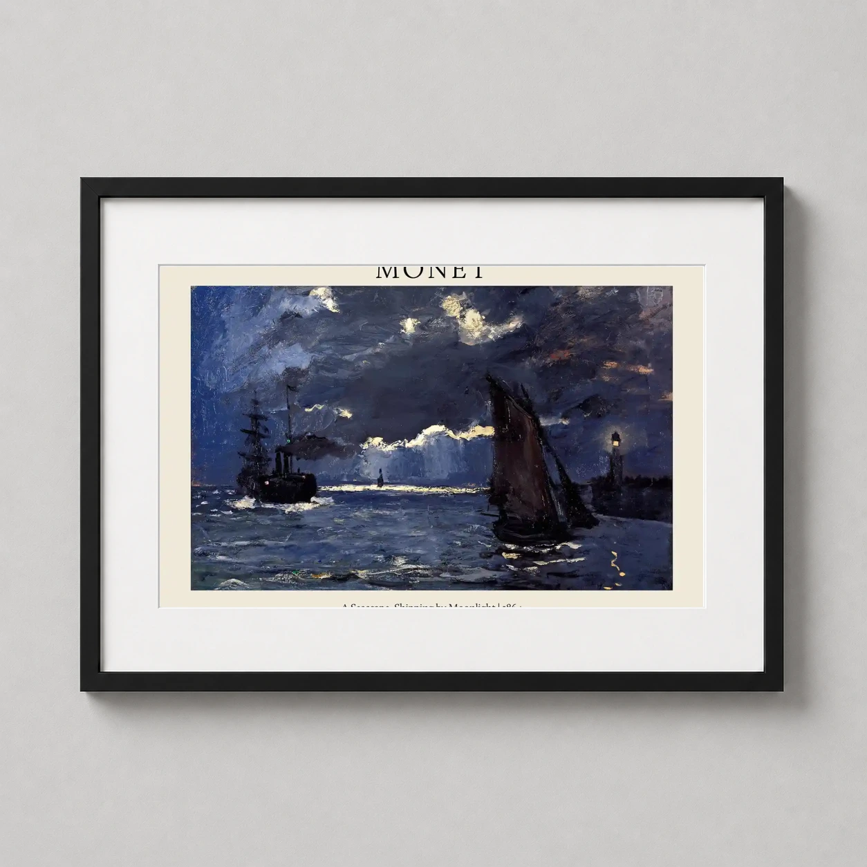 Claude Monet Seascape Shipping — moody nocturnal scene by Claude Monet featuring silhouetted ships and a