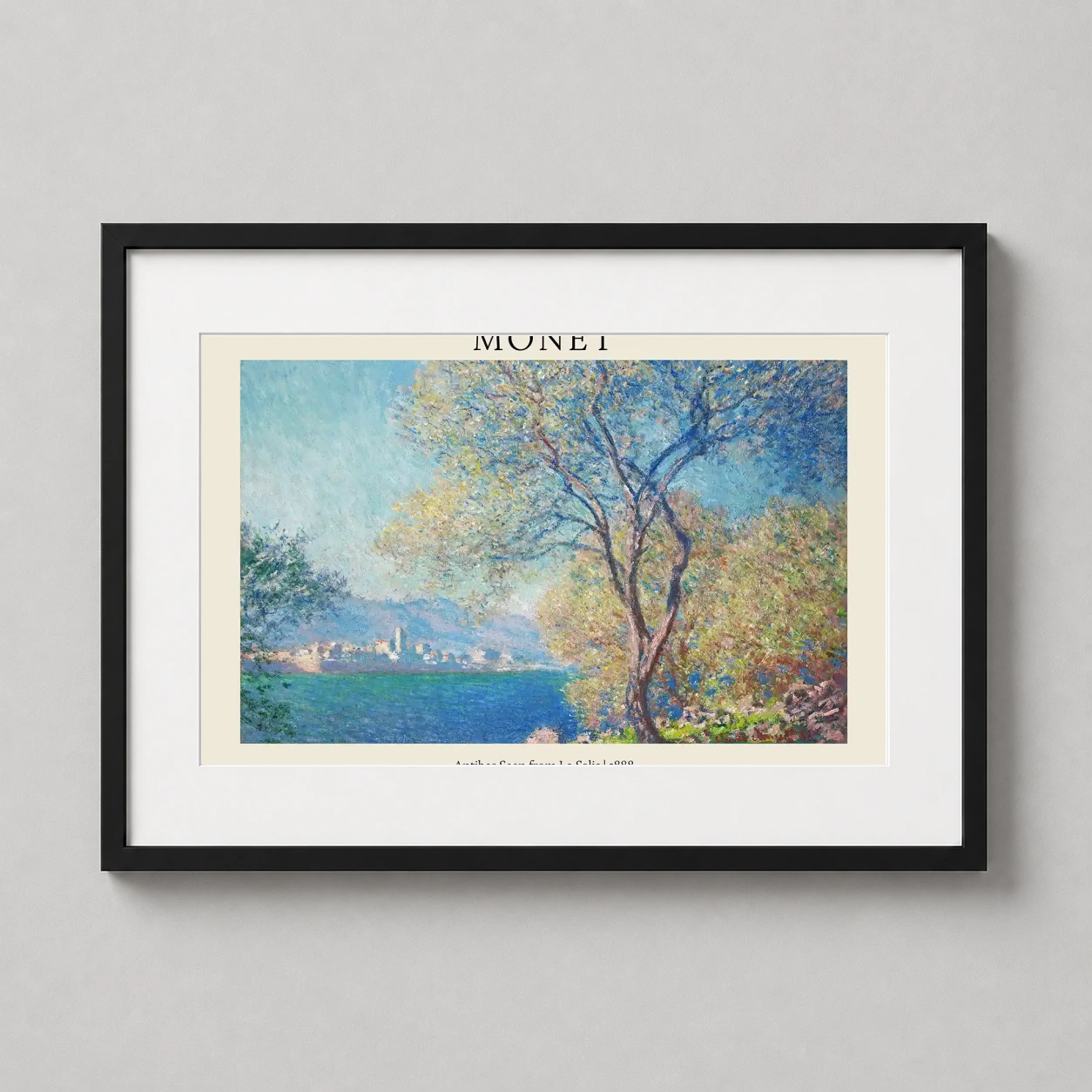 Claude Monet Antibes Seen — impressionist view of Antibes across the blue Mediterranean, featuring