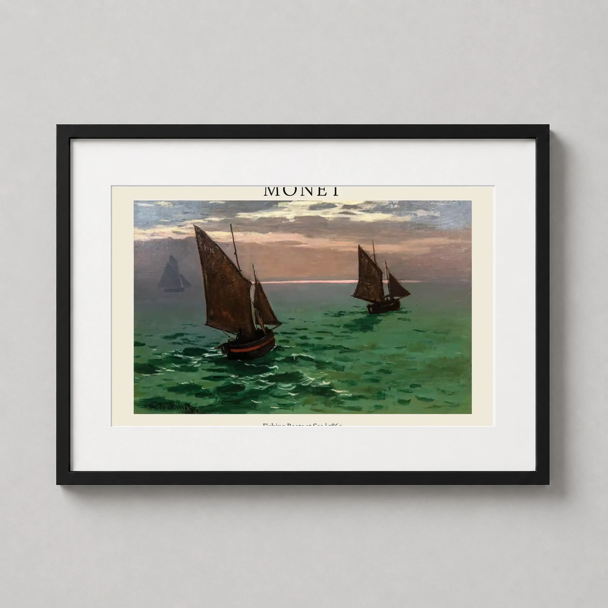 Monet Fishing Boats Sea — moody Impressionist scene by Claude Monet featuring dark-sailed fishing