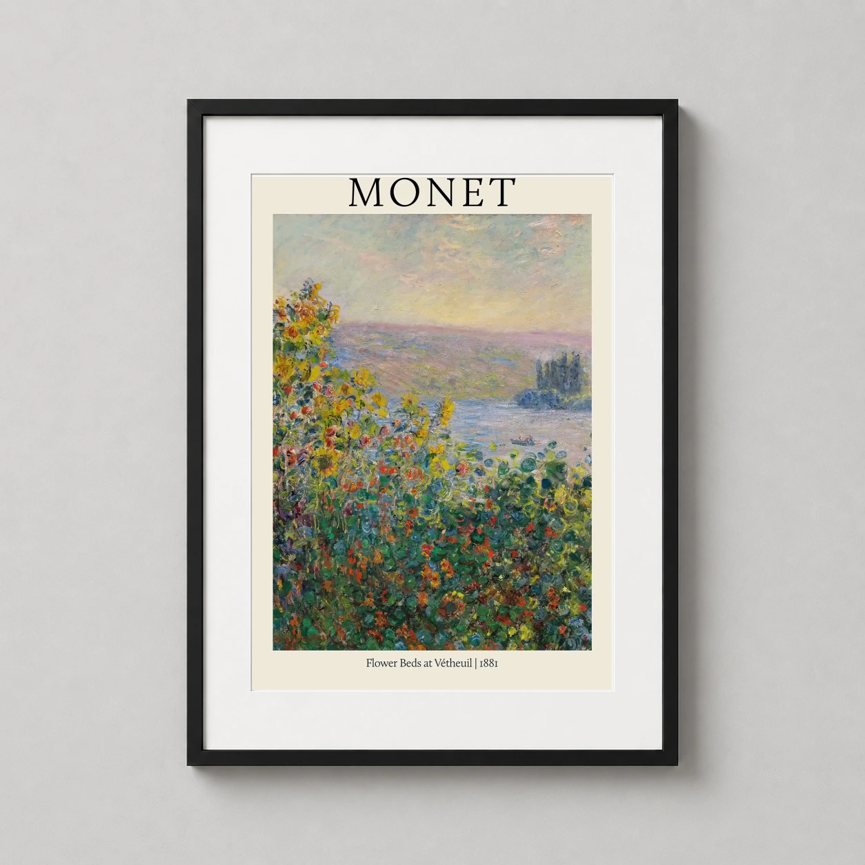 Claude Monet Flower Beds — vibrant Impressionist scene featuring sun-drenched yellow and red