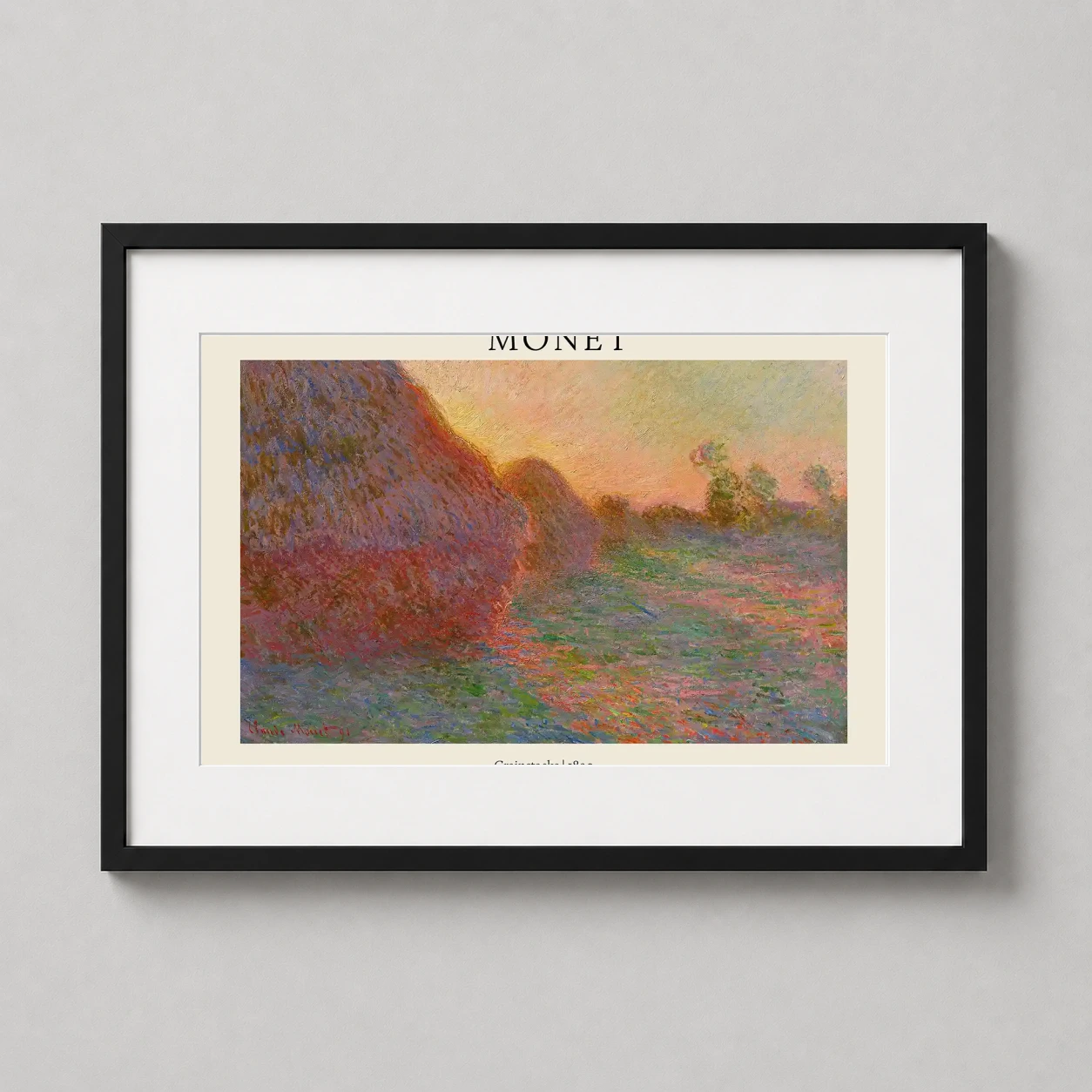 Claude Monet Grainstacks Sunset — impressionist masterpiece featuring haystacks at sunset, captured with