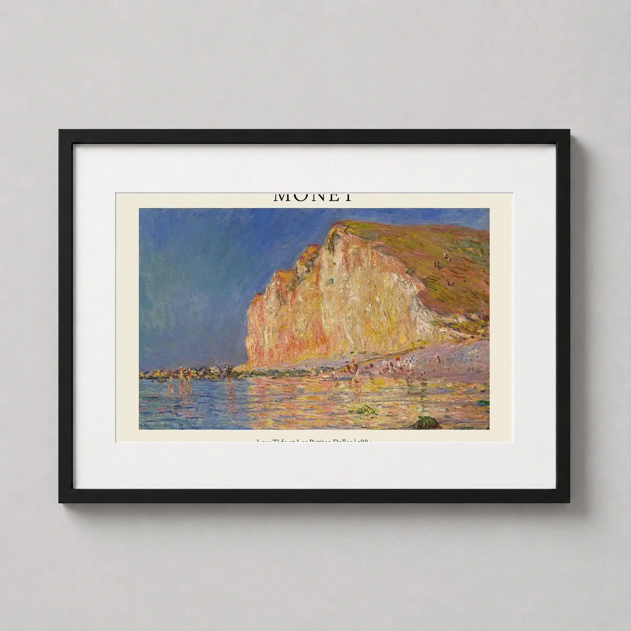 Claude Monet Low Tide — impressionist depiction of the Normandy coast featuring towering sunlit