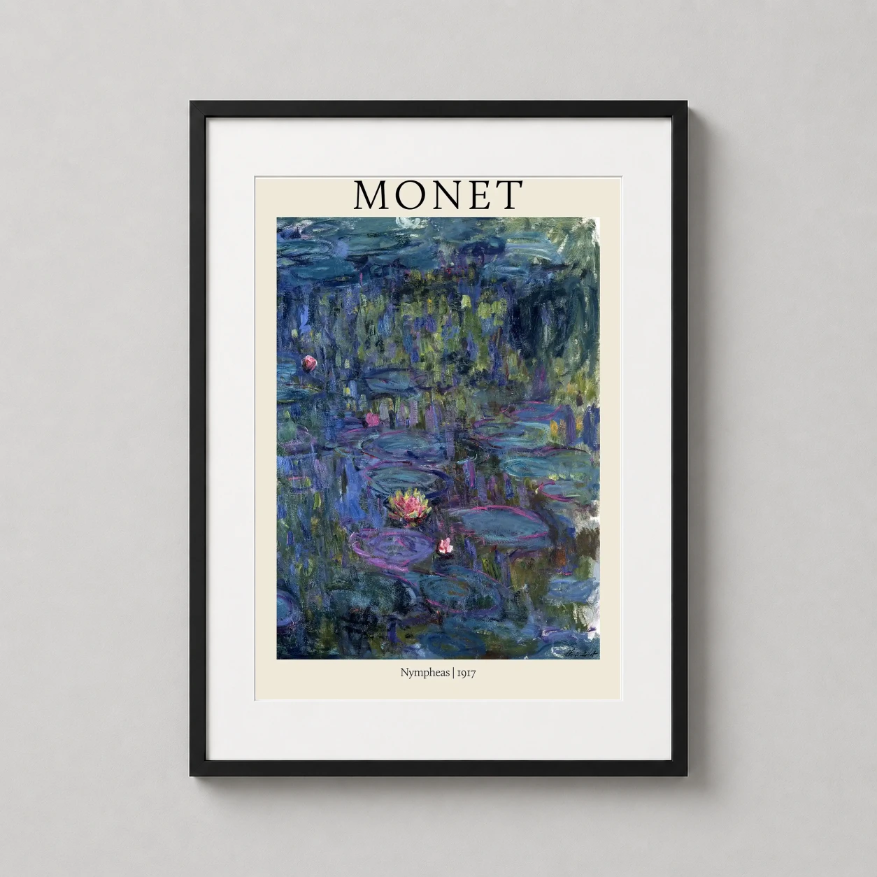 Claude Monet Water Lilies — ethereal Impressionist scene of pink water lilies floating on deep