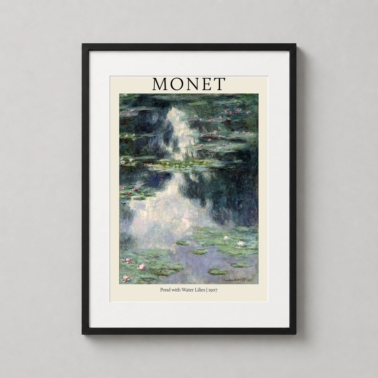 Claude Monet Pond Water — monet's 1907 Pond with Water Lilies features soft pink blossoms